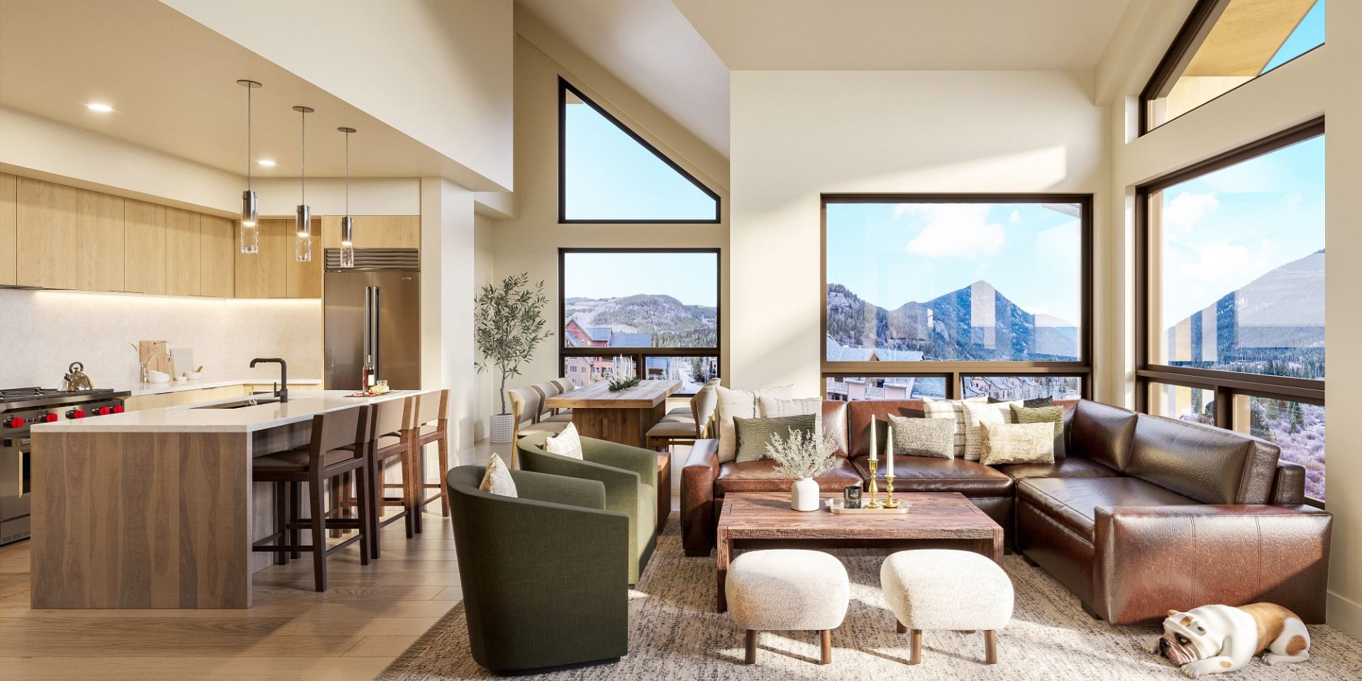 image Warm, inviting living space framed by soaring windows, where natural light pours in and mountain peaks set the backdrop for cozy gatherings by the fire.