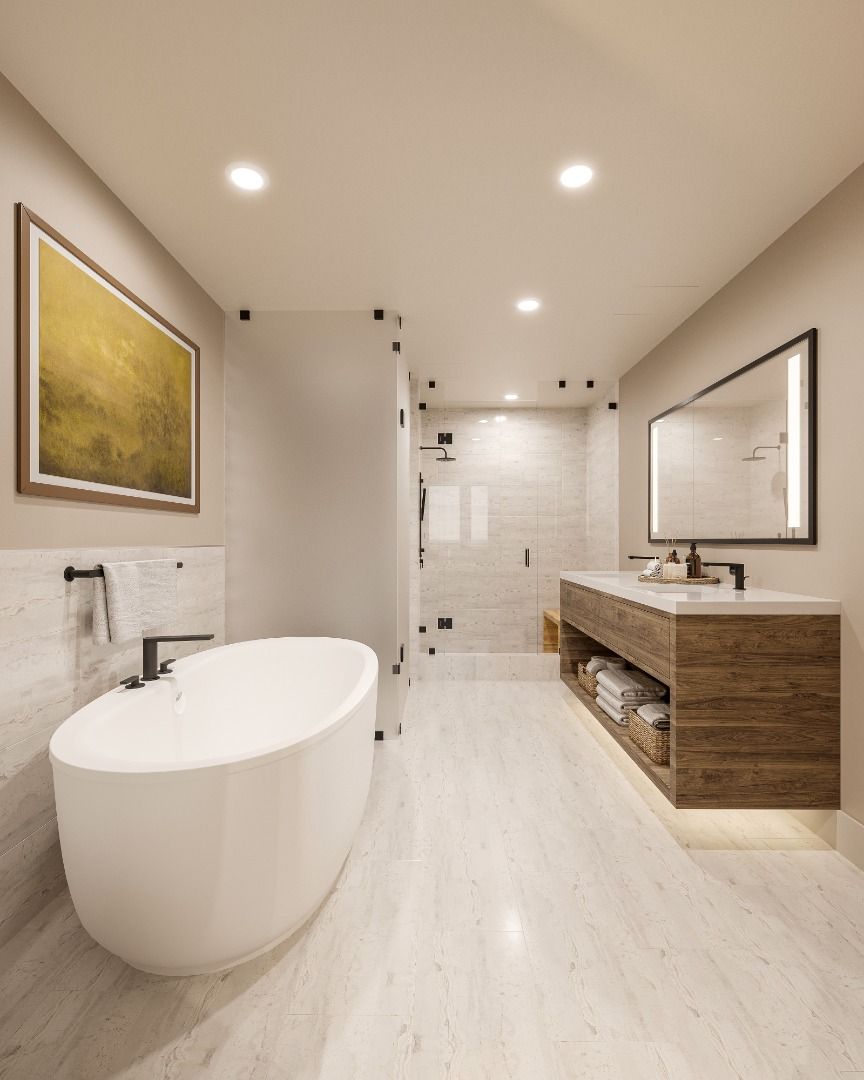 image Serene spa-like bathroom designed for pure relaxation, featuring calming finishes that create a soothing escape after days of mountain adventure.