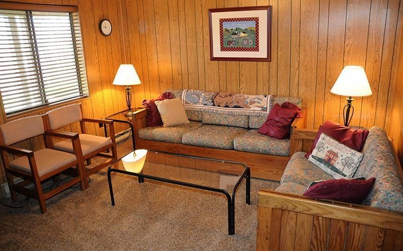 image Inviting living room with warm wood-paneled walls and cozy seating, perfect for unwinding after a day of adventure.