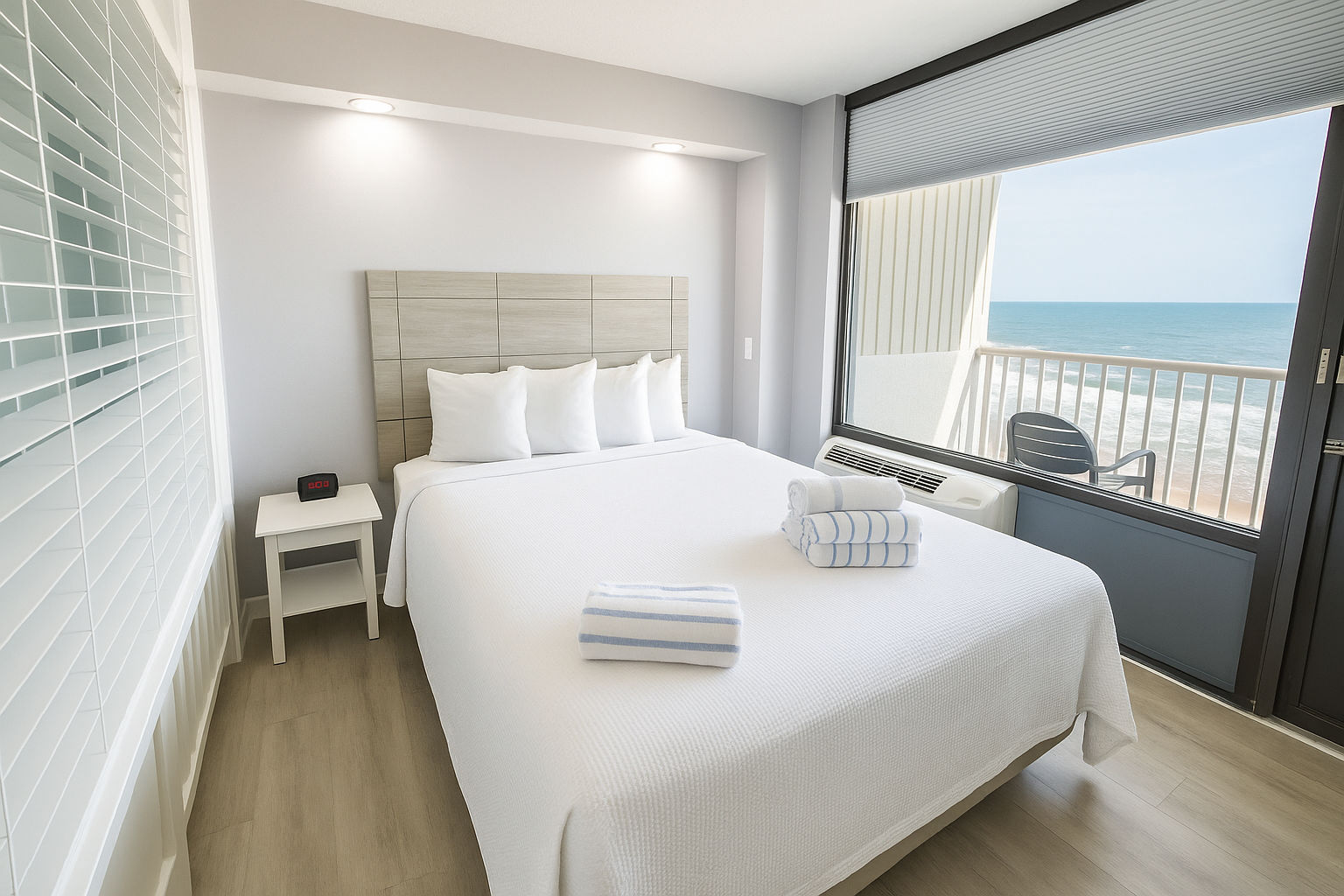 image The cozy queen bed in the studio offers ocean views through expansive windows, inviting you to relax and unwind after a day at the beach.
