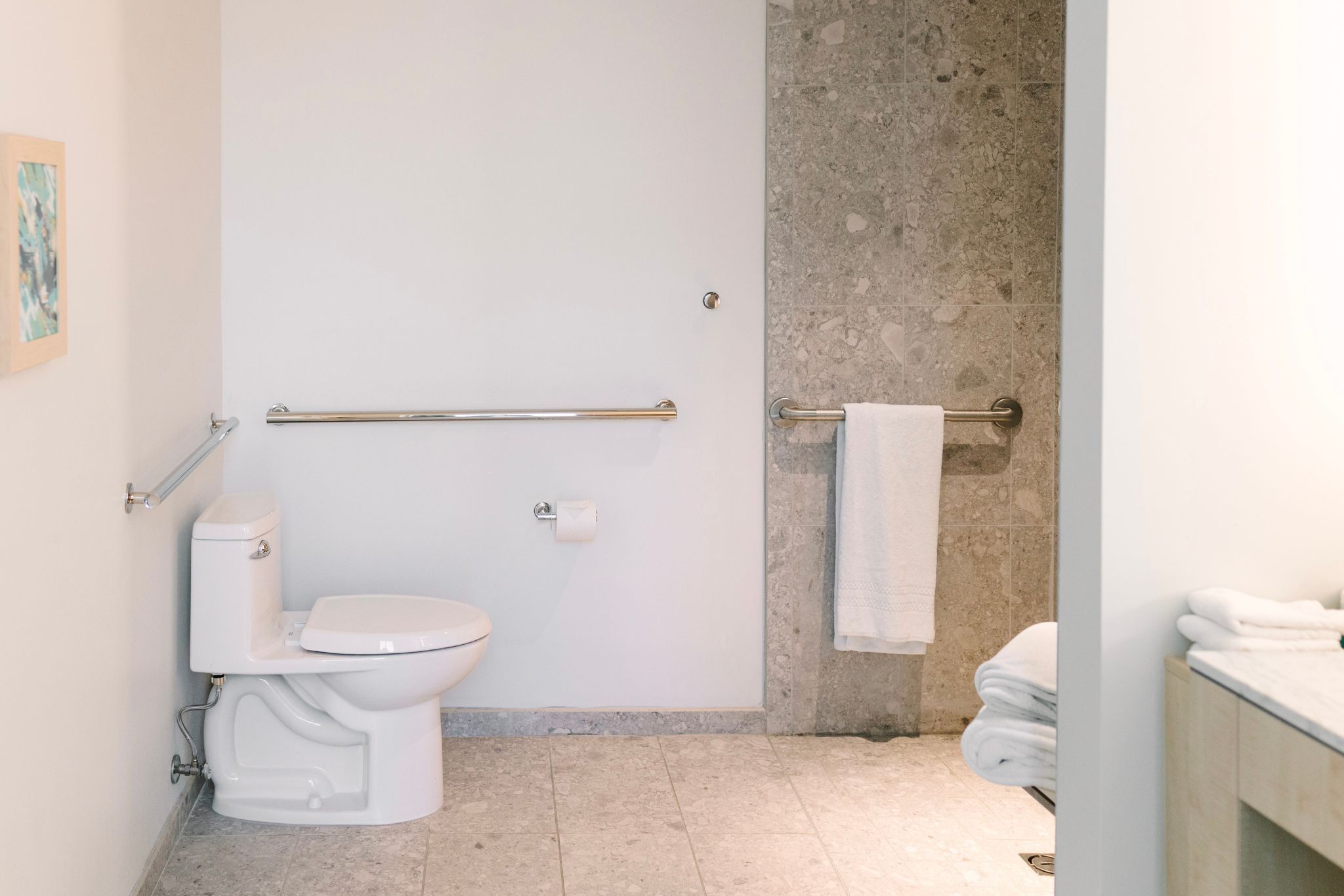 image Experience the perfect blend of modern design and comfort in this ADA-accessible guestroom, featuring elegant furnishings and a convenient roll-in shower.