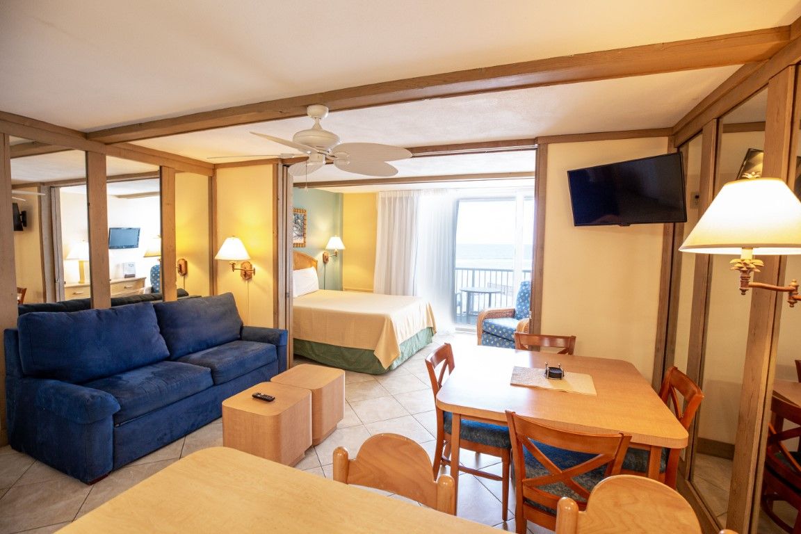 image An inviting living space with a sofa bed and dining area, designed for comfort and convenience.