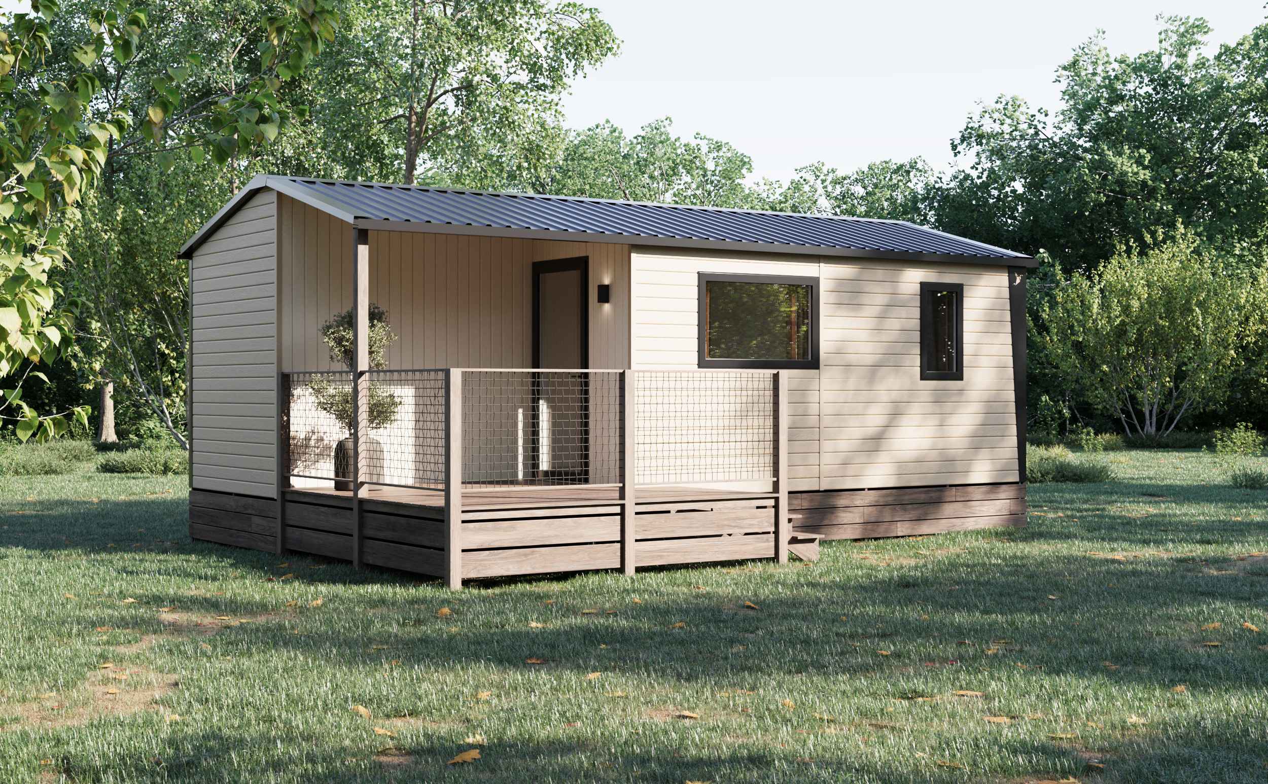 image Nestled in a tranquil setting, the exterior of the Mobil-home features a charming wooden deck and a welcoming facade, perfect for relaxing in the fresh air.