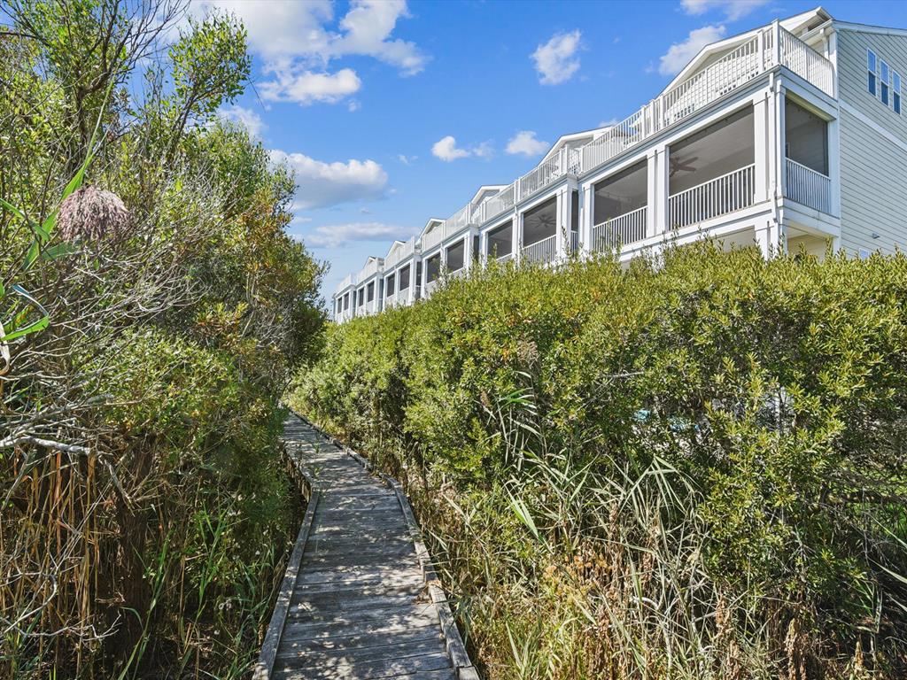 image A wooden walkway winds through natural greenery and leads toward the rear of the building.