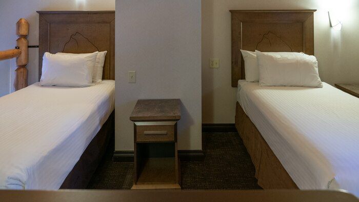 image Two twin beds with mountain-motif wood headboards and a shared nightstand
