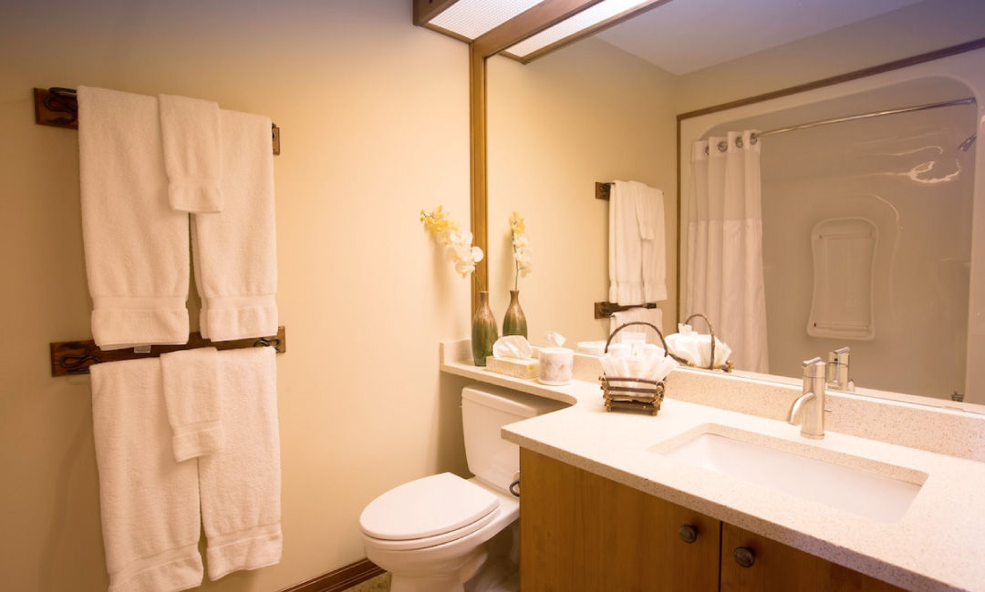 image Experience a fresh, clean bathroom with elegant touches and plush towels for your comfort.