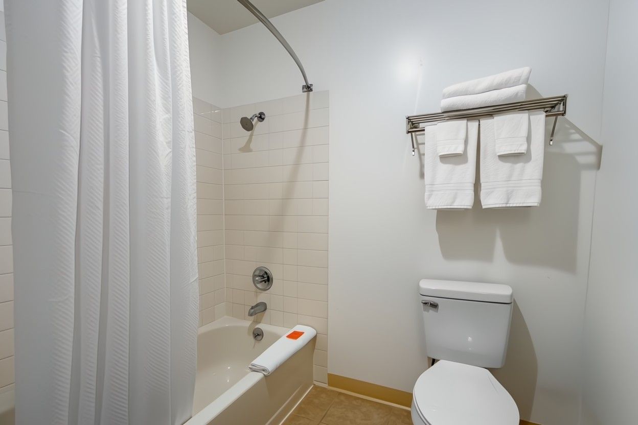 image Tub/shower combo in the Deluxe King bathroom, with well-lit vanity and makeup mirror.
