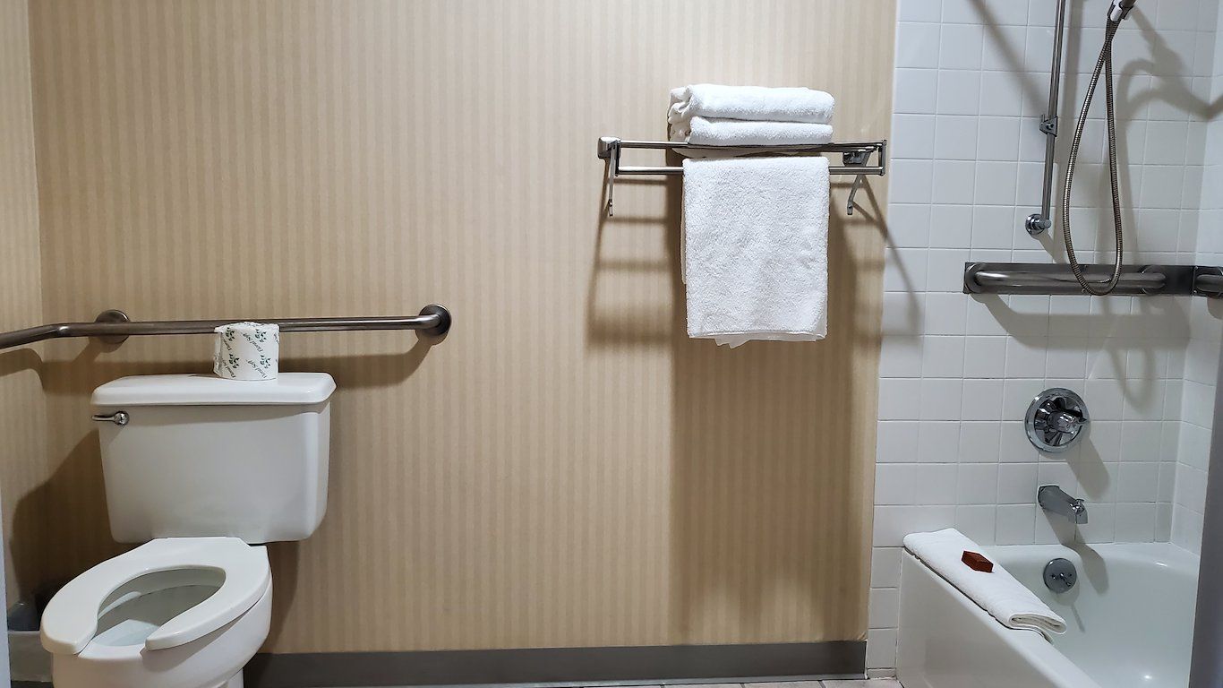 image ADA-compliant bathroom with grab bars and tub/shower combo for accessible bathing.