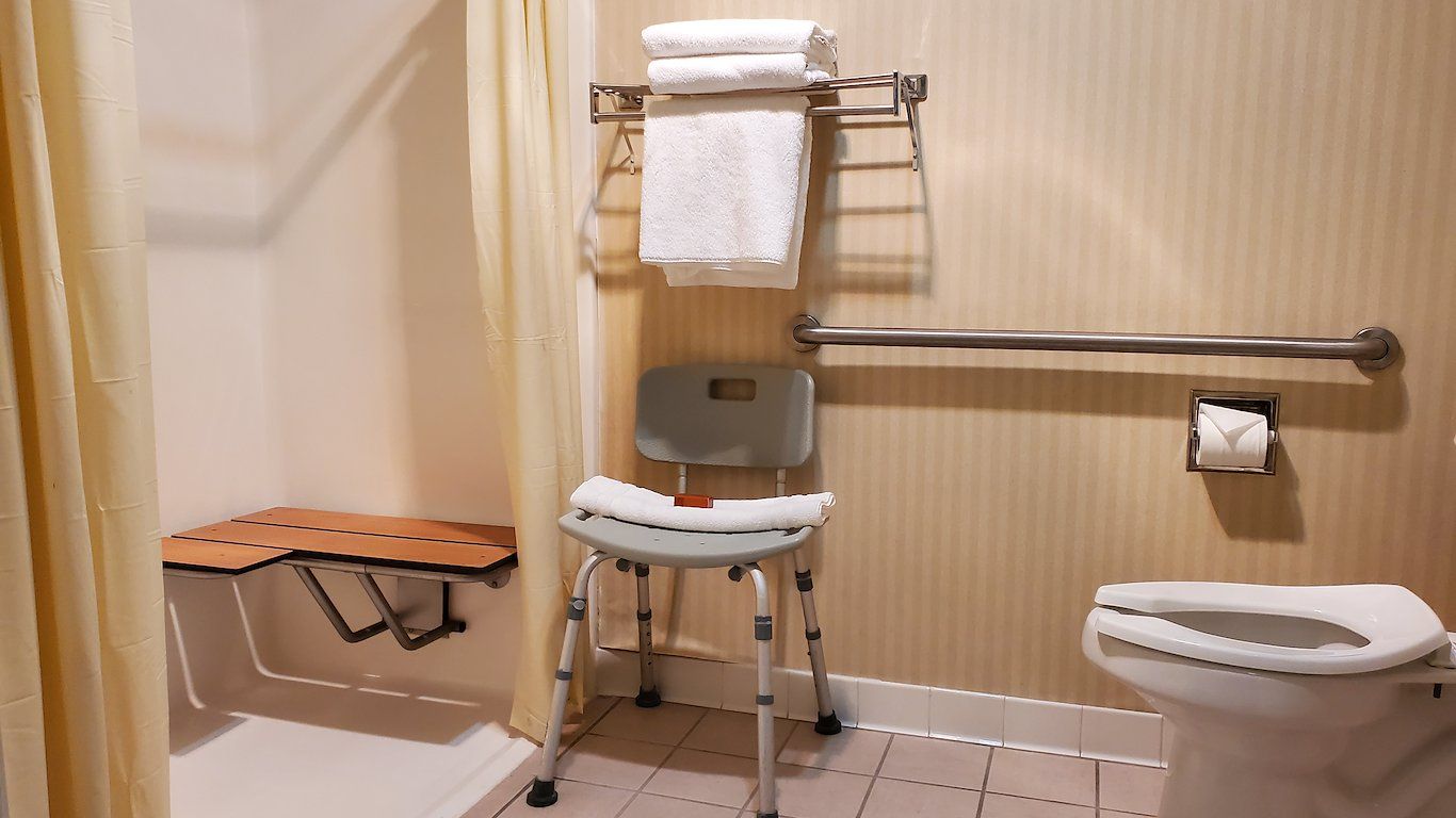 image Roll-in shower with grab bars and a shower chair — fully accessible for all guests.