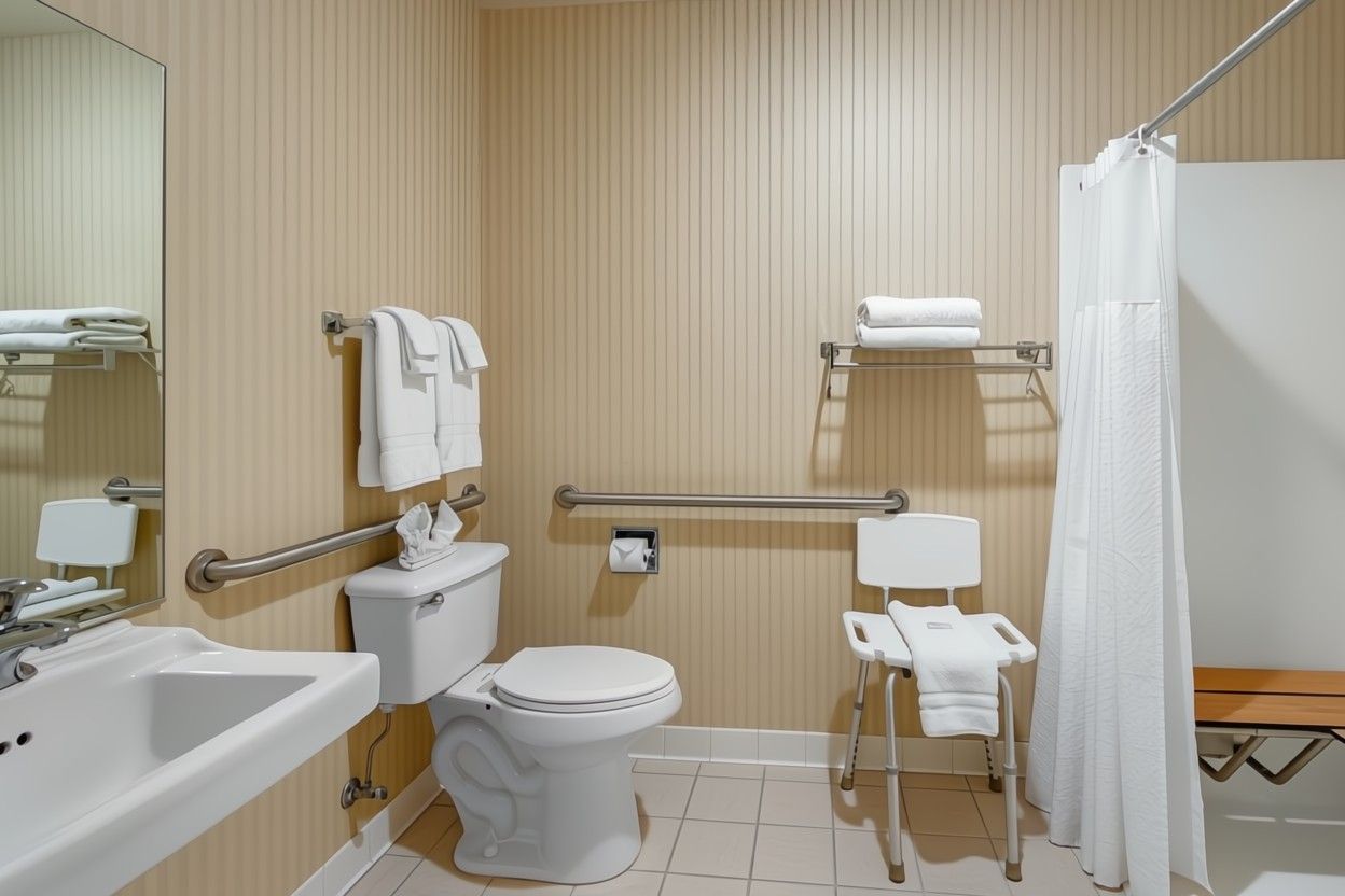 image ADA king bathroom with roll-in shower access, grab bars, and a well-lit vanity area.