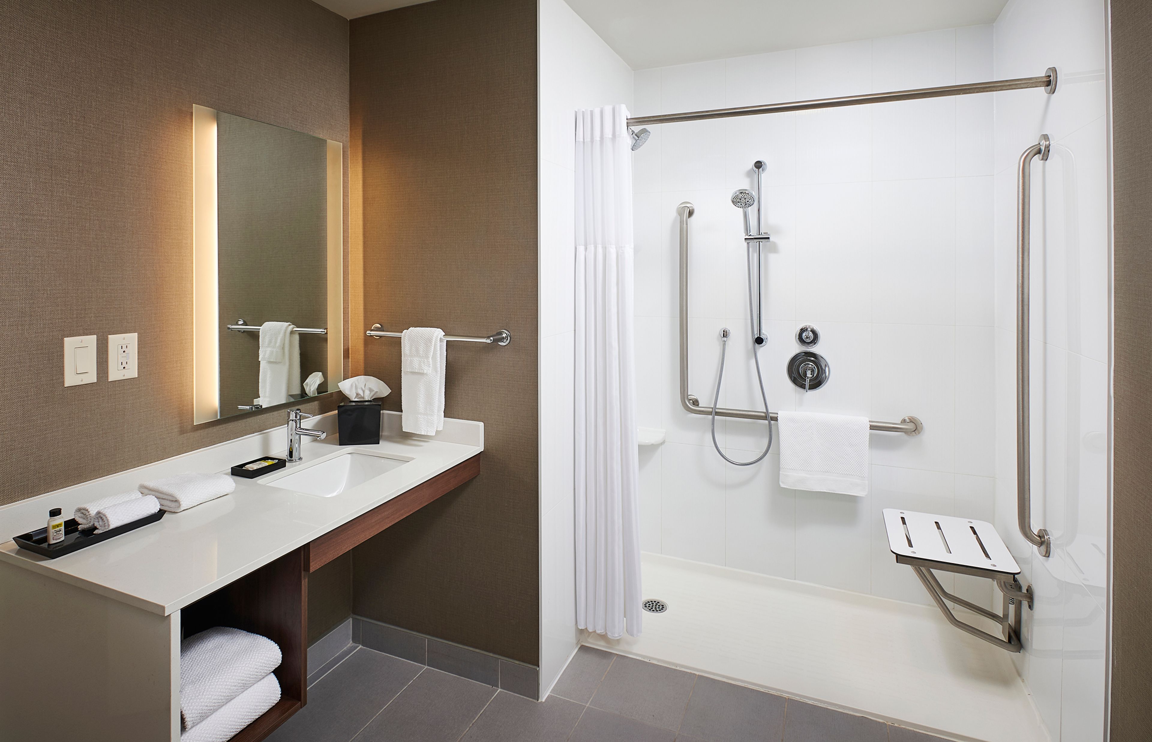 image Accessible bathroom with roll-in shower, sink, and grab bars.