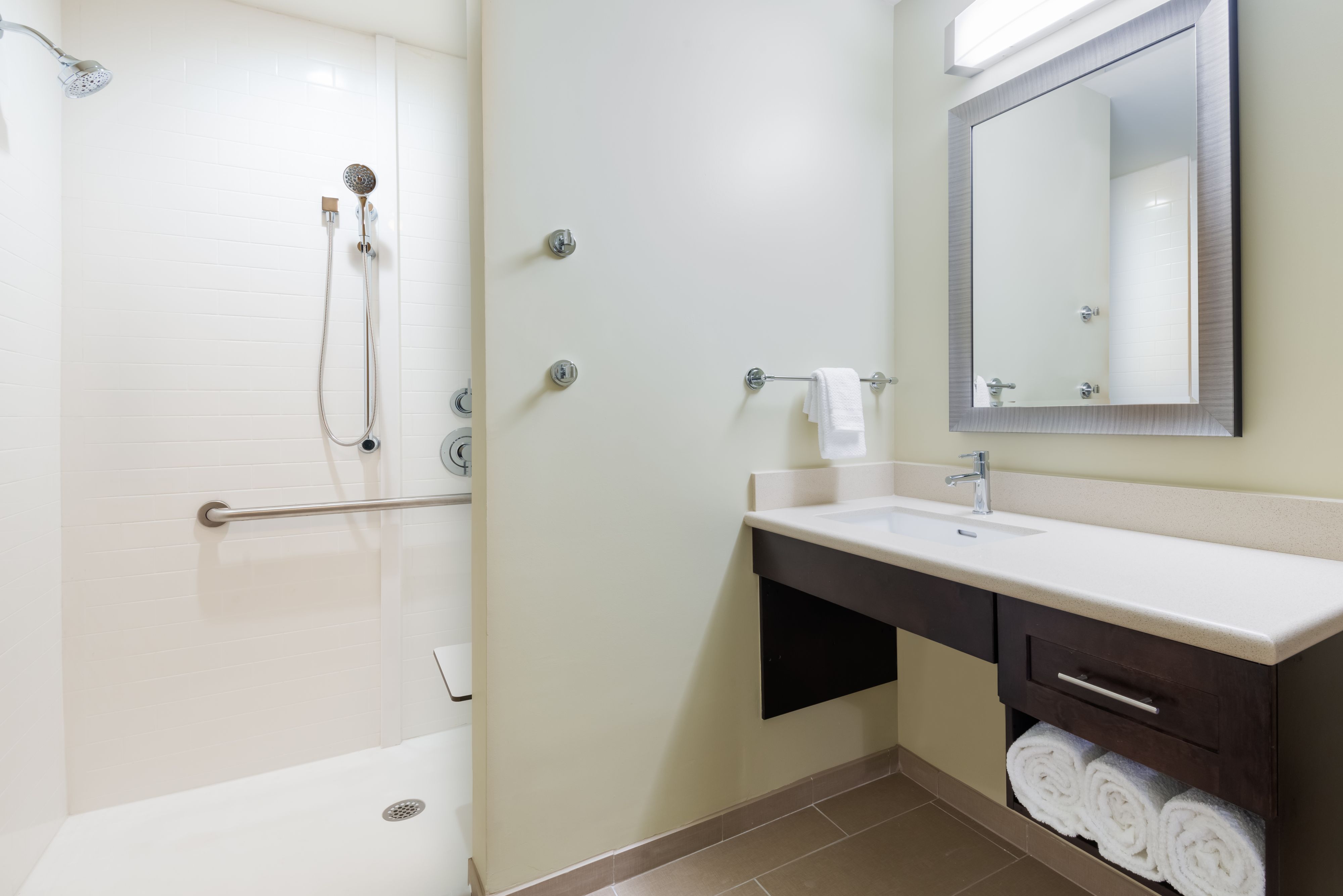 image Experience comfort in this accessible bathroom featuring a spacious roll-in shower and modern amenities.