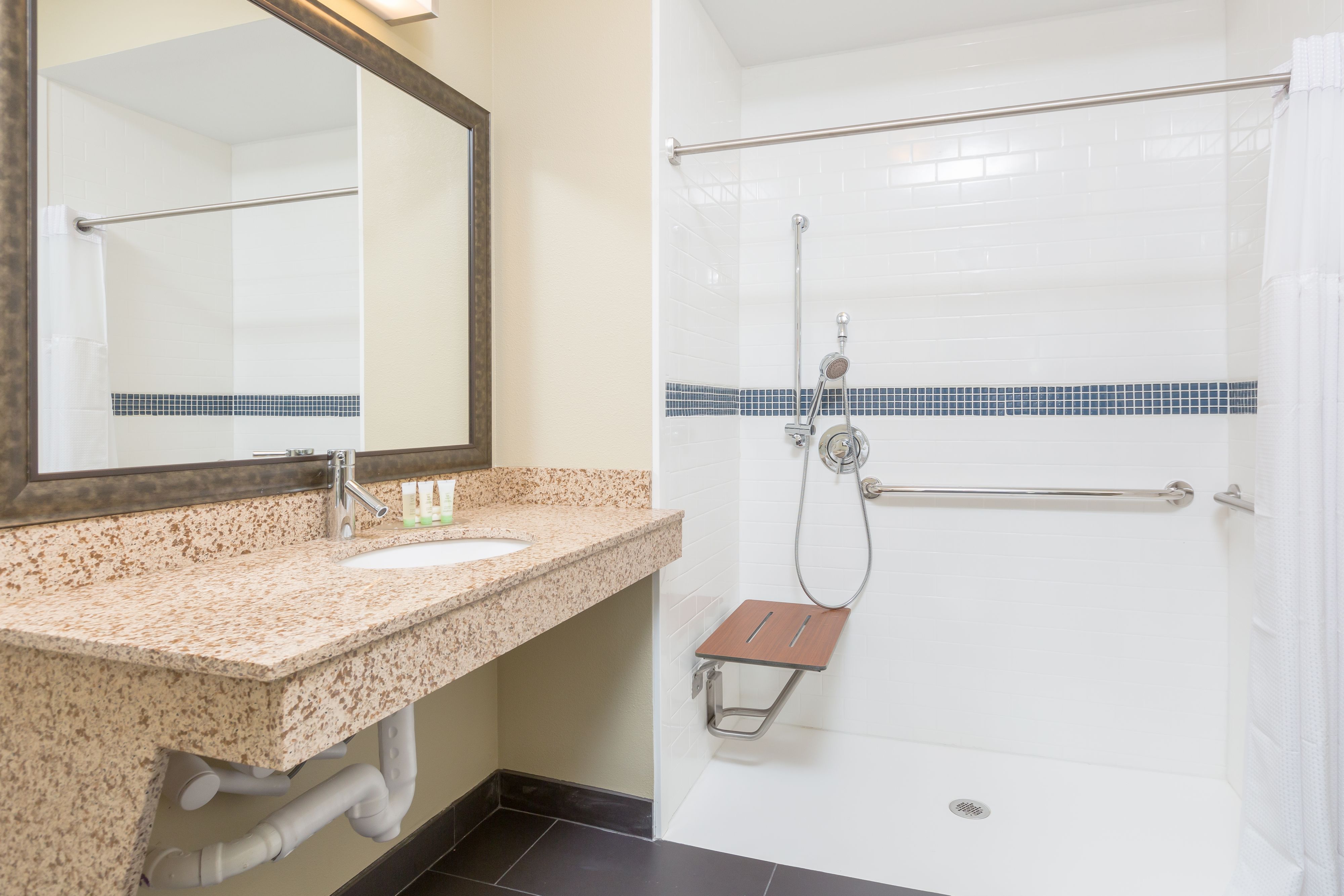image Accessible bathroom with roll-in shower, fold-down seat, and grab bars.