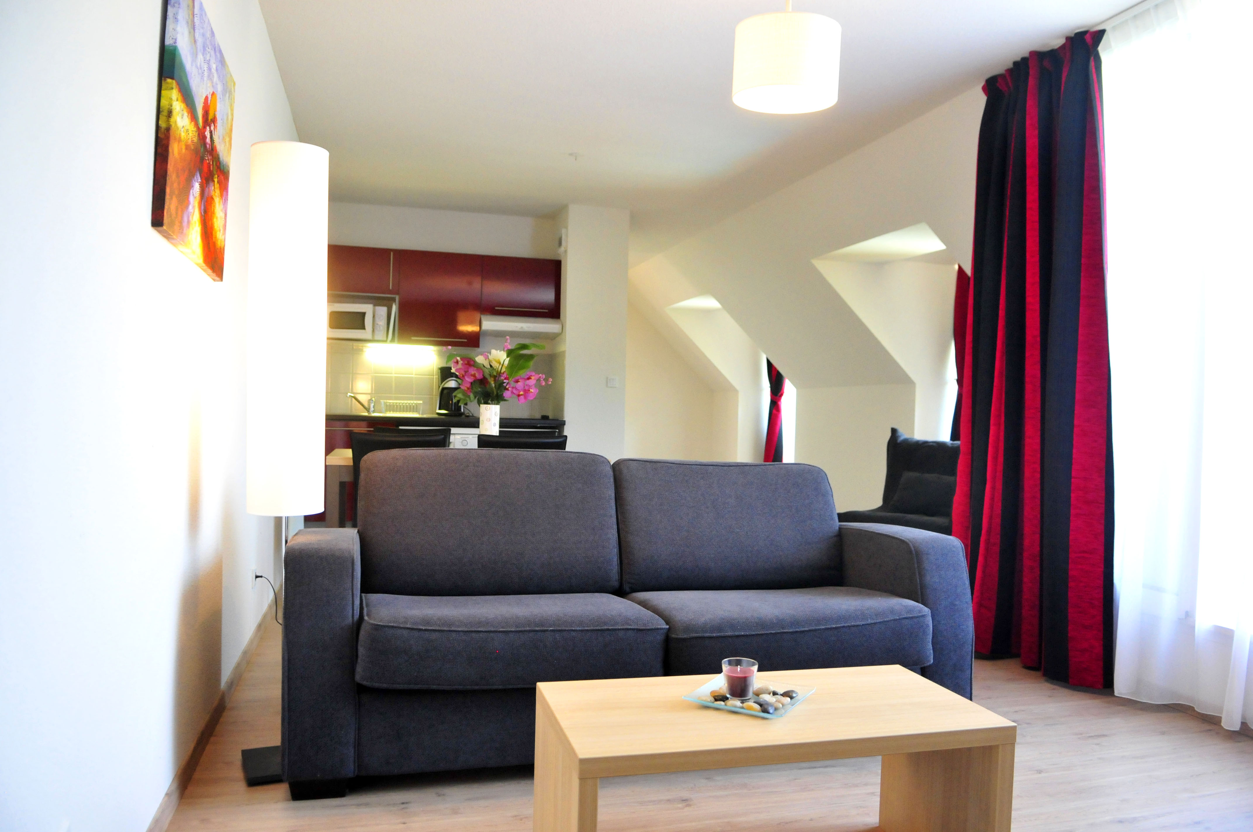 image The bright living area with comfortable sofa, coffee table, and fully equipped kitchen beyond — everything you need for a relaxed stay in Aveyron.