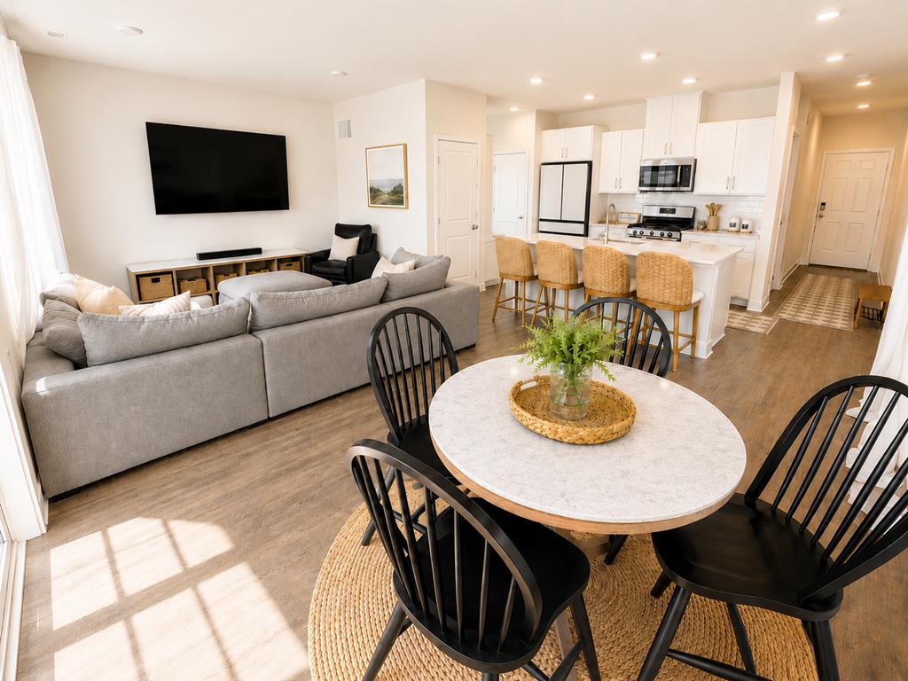 image Relax in the open living space, where sunlight streams in, enhancing your cozy movie nights.