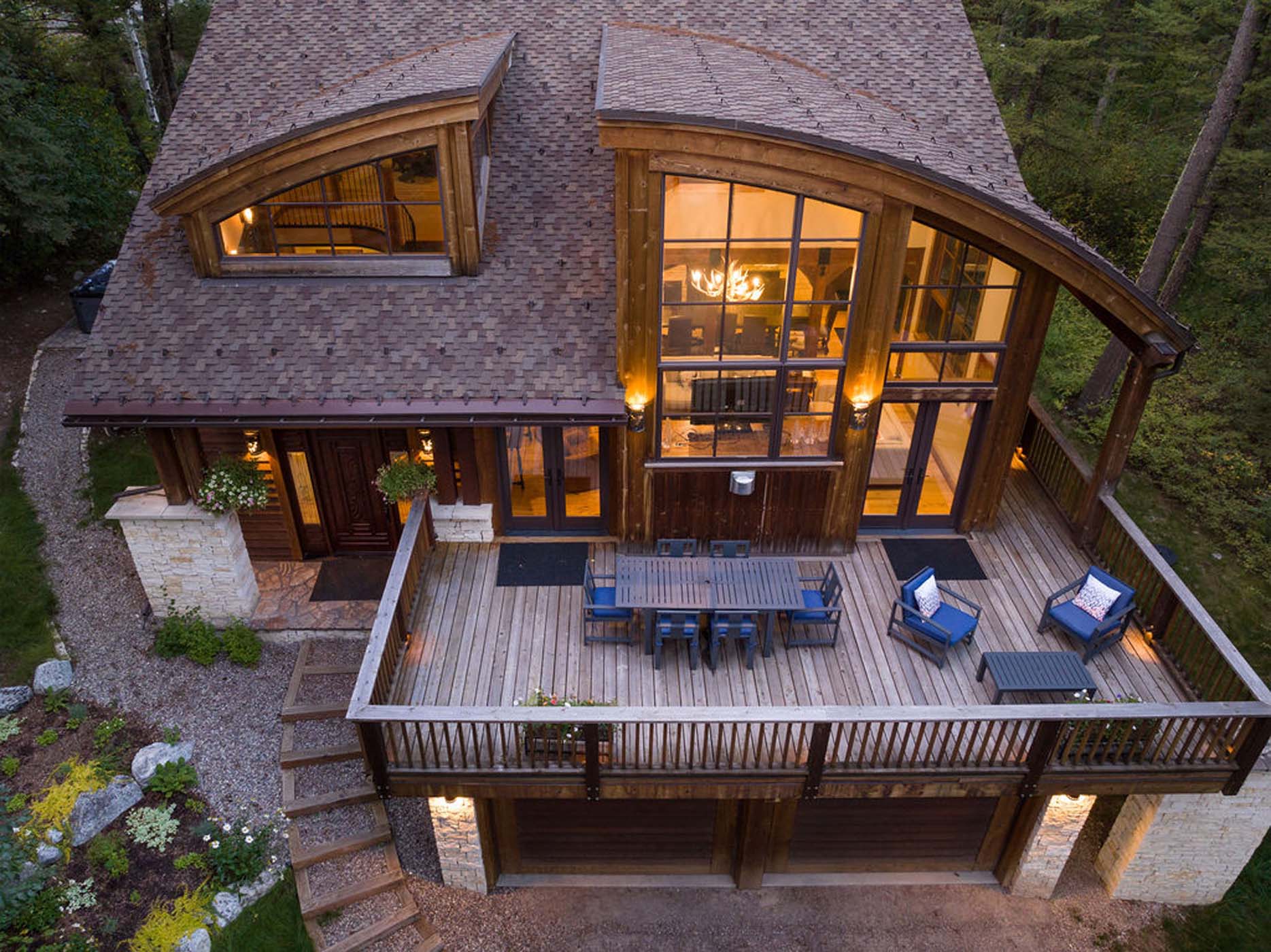 image The wrap-around deck connects directly to the great room below.