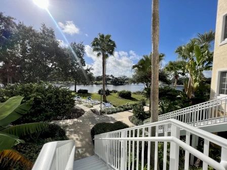 image Staircase leading down to palm trees and the waterway, with sunlight sparkling off the water below