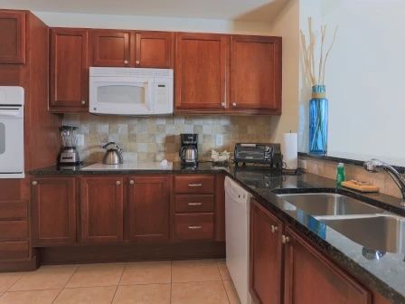 image Kitchen with honey-toned wood cabinets, dark countertops, a textured backsplash, and double sink