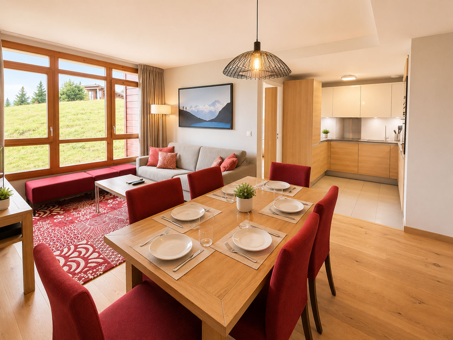 image Alpine-style dining nook with red bench seating and wood-clad walls