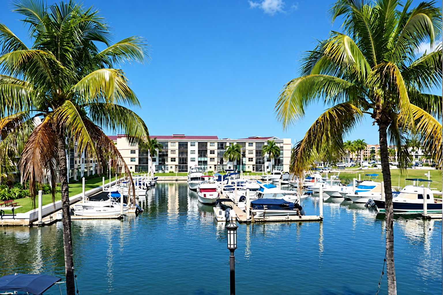 image Marina with yachts and waterfront city buildings