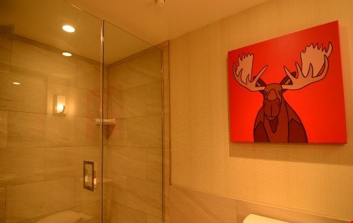 image Take a shower in the moose-themed bathroom with accessible features.