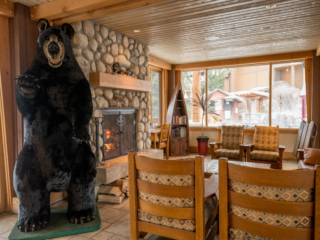 image Gather in the cozy resort lounge, complete with a warm fireplace and rustic decor.