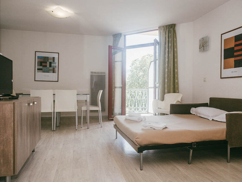 image Living area with a fold-out bed and balcony doors.