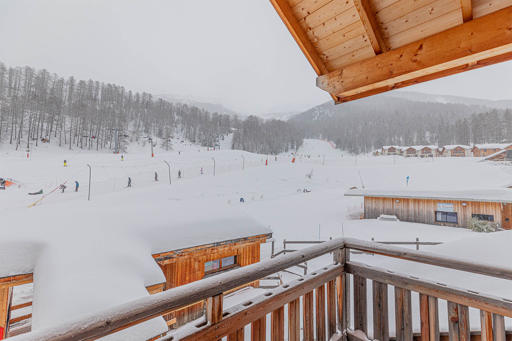 image View of snowy hillside with skiers and tree line