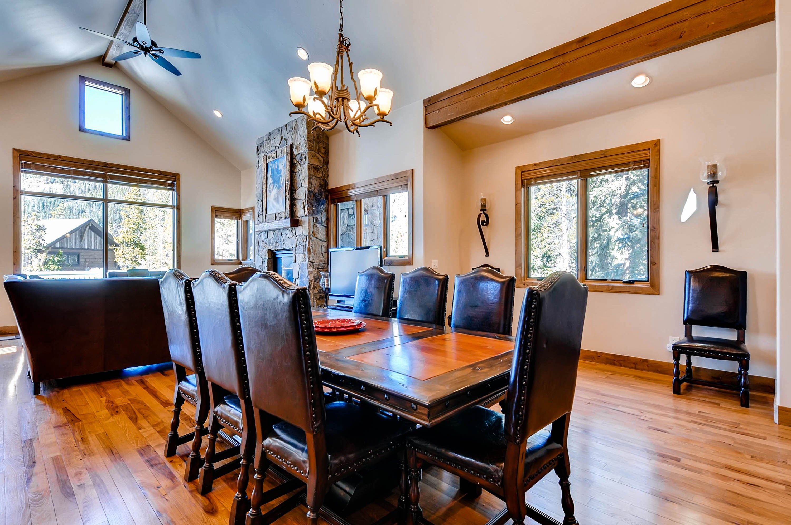 image The dining table is elegant and features classic wood craftsmanship.