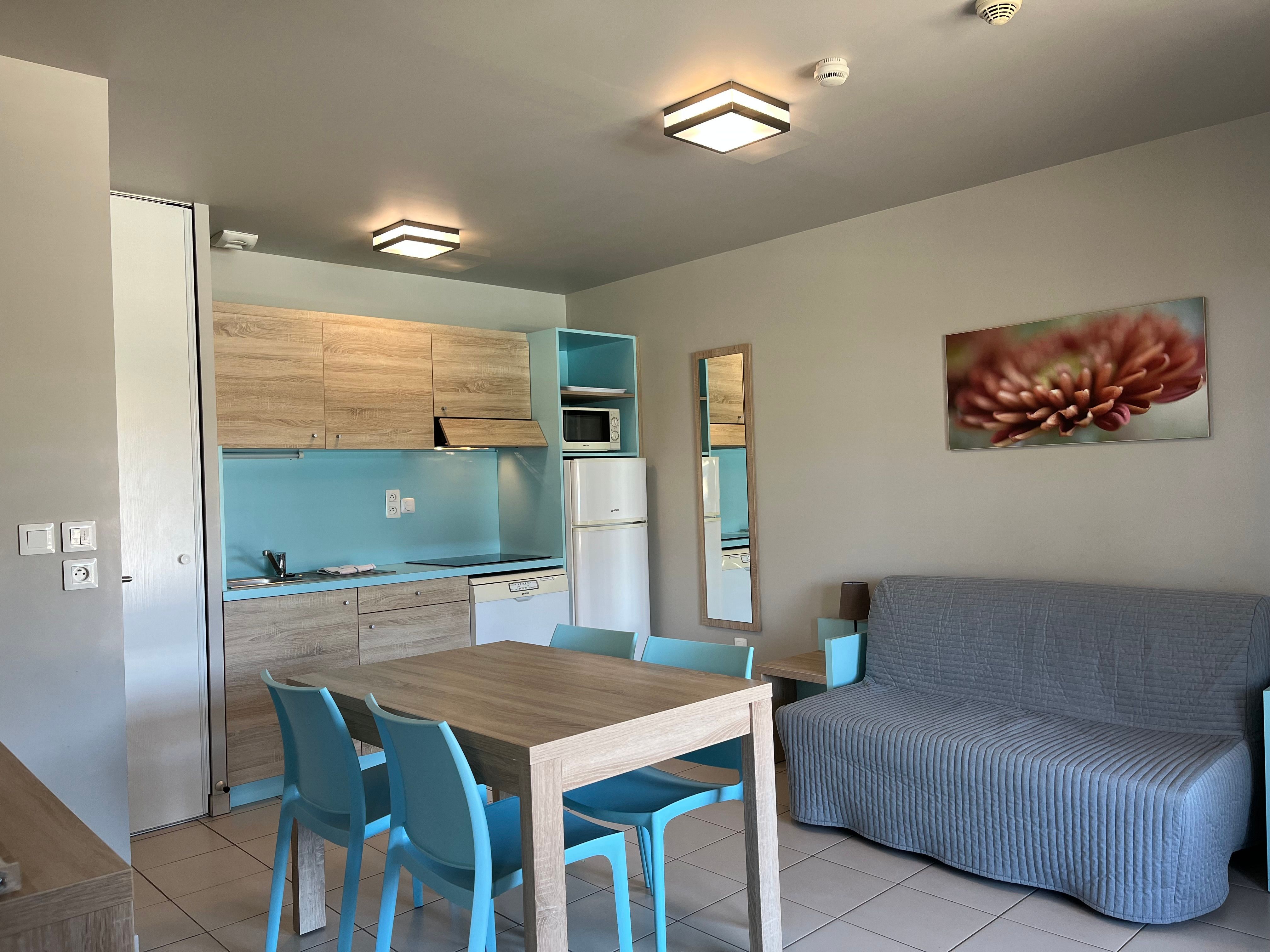 image Open-plan living with dining table for 4, kitchenette with ceramic hob, and a sofa bed for extra guests.