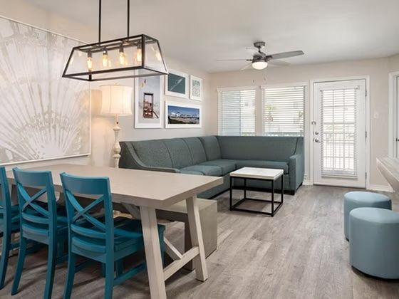 image Dining table with vibrant blue chairs — a fun spot for shared meals after a day out