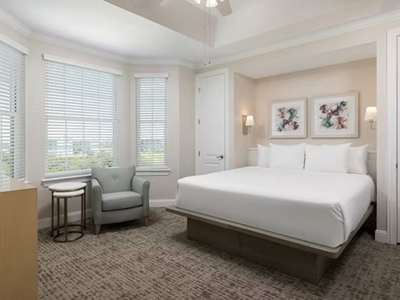 image King bed with white duvet, grey armchair and round side table — large windows with white blinds