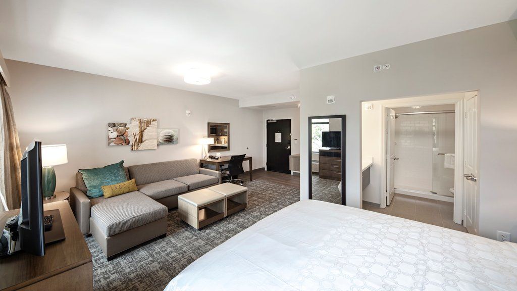 image A spacious room featuring a queen bed, a sofa, a coffee table, a television, and a shower area visible through an open door.