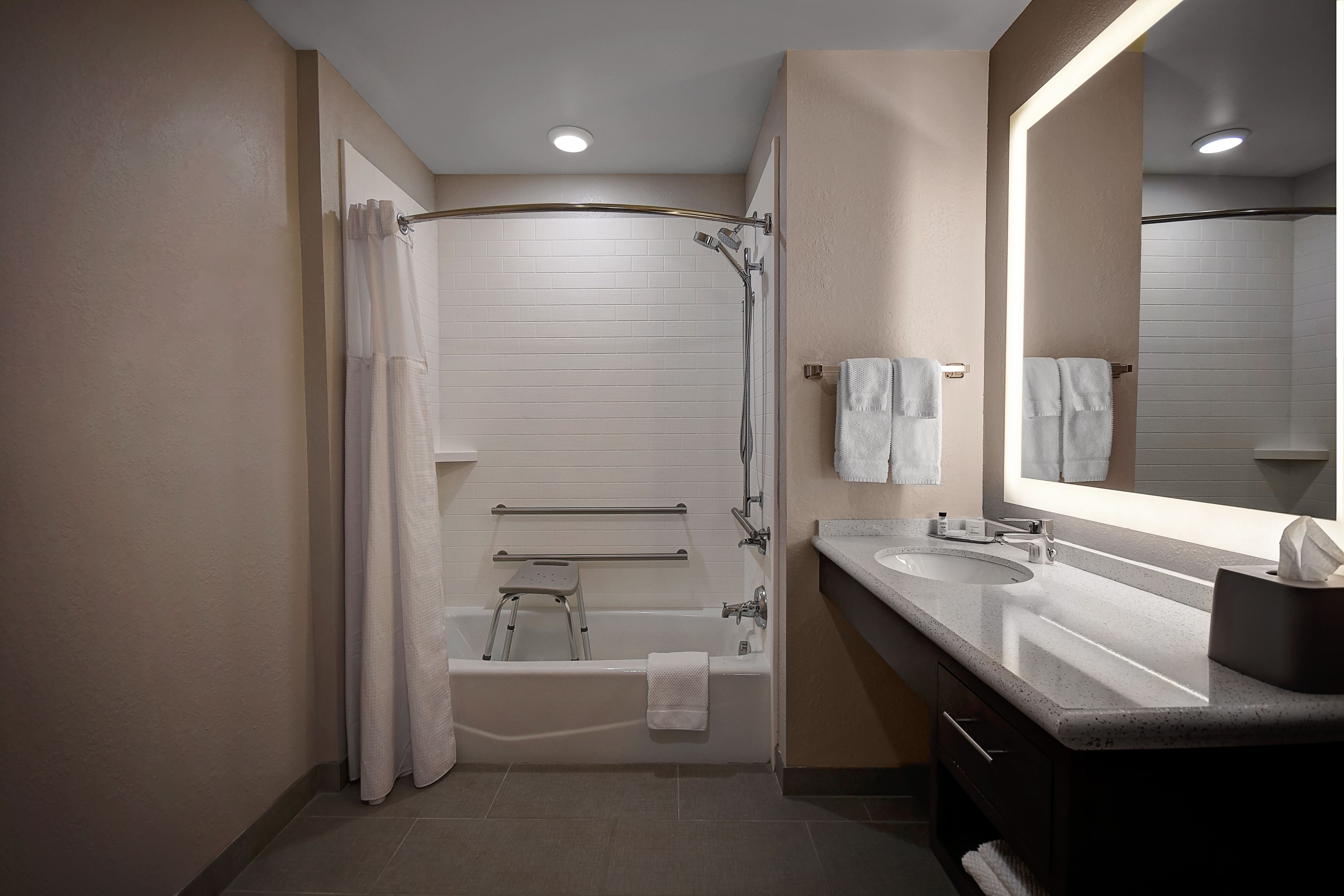 image Accessible bathroom with grab bars and handheld shower hose — designed for a barrier-free morning routine.