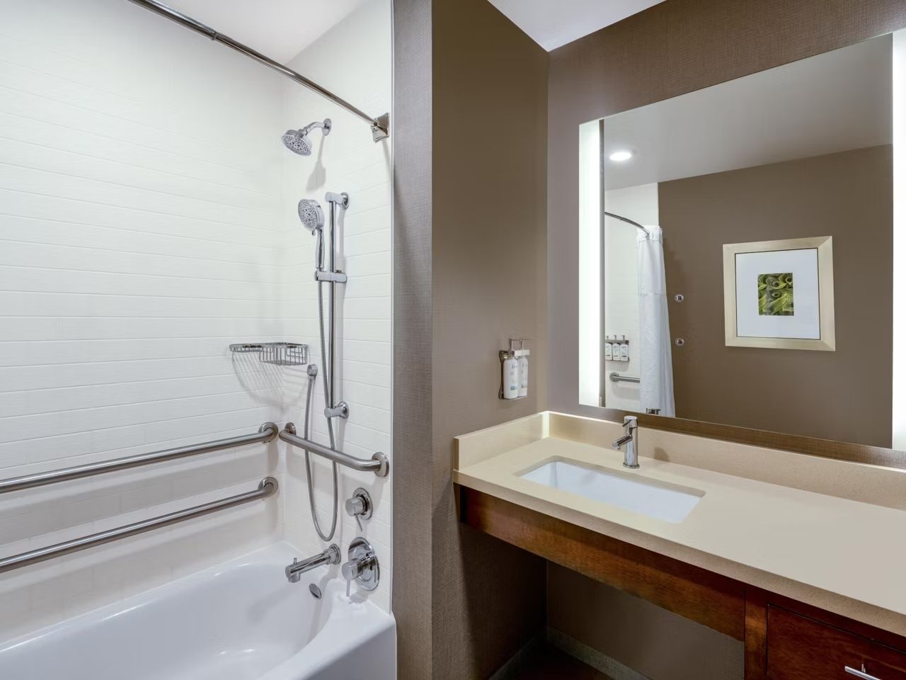 image The accessible bathroom features a soaking tub with shower, vanity, and mirror.