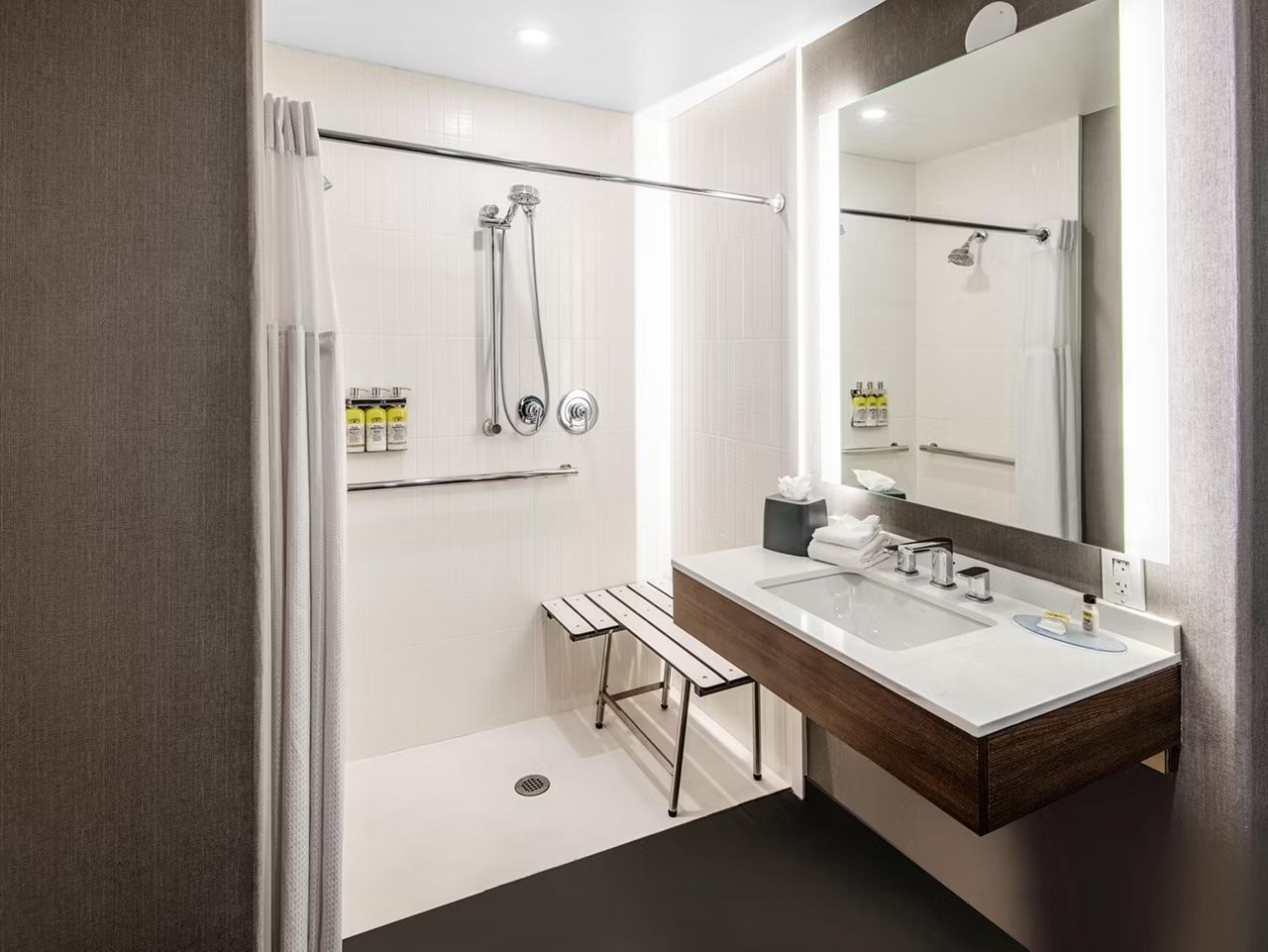 image Accessible bathroom with roll-in shower, countertop, sink, and large mirror.