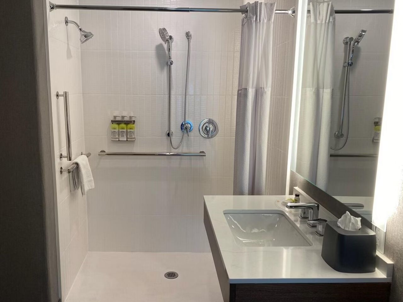 image Roll-in shower with grab bars, modern sink, and toiletries — designed for barrier-free access