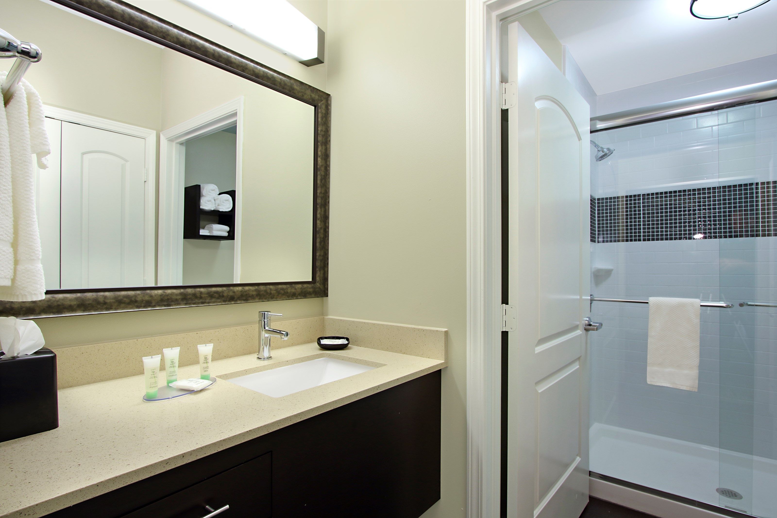 image Accessible bathroom with roll-in shower, grab bars, and complimentary toiletries — designed for ease and independence