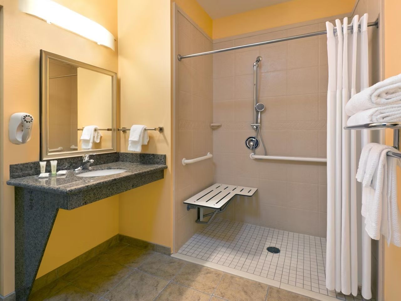 image Accessible bathroom with safety grab bars and handheld shower.