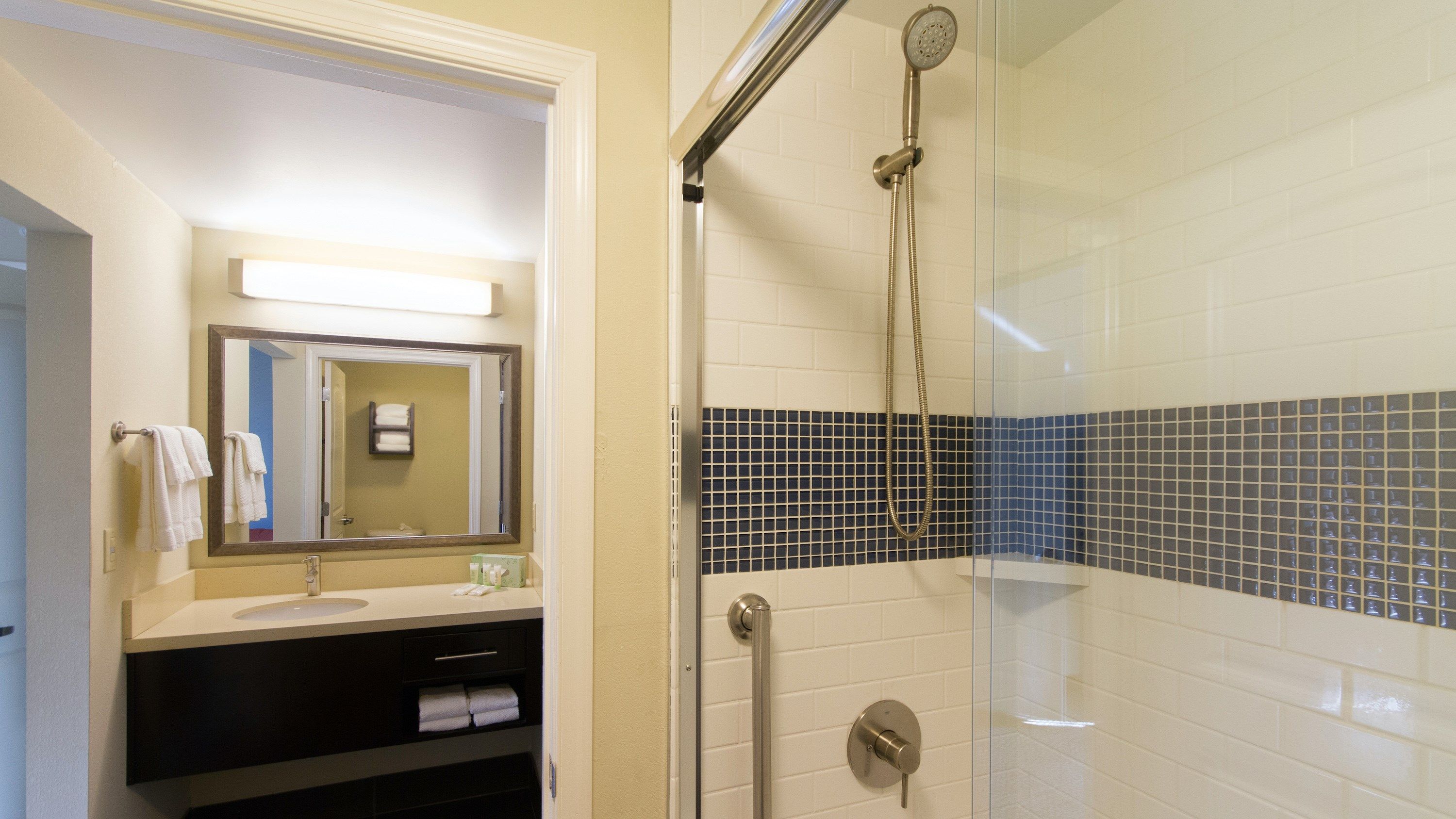 image Roll-in shower with grab bars and white tile walls — fully accessible from floor to ceiling