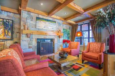 The lobby has a cozy fireplace