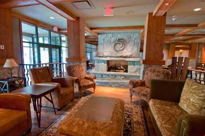 Warm up by the fireplace in the lobby.
