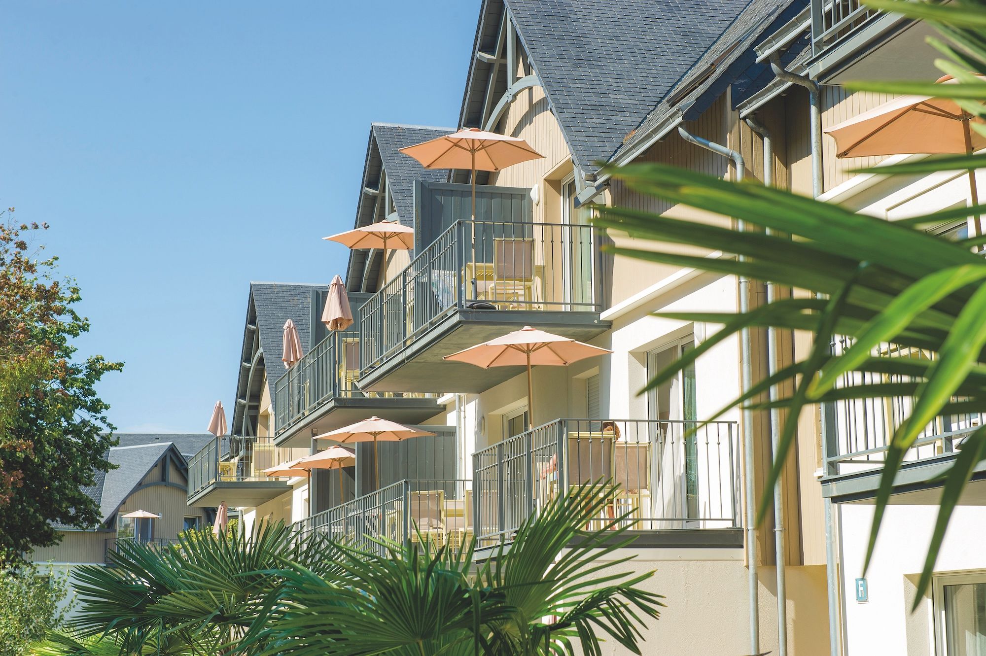 image Orange umbrellas shade the apartment balconies, set among palm leaves and greenery