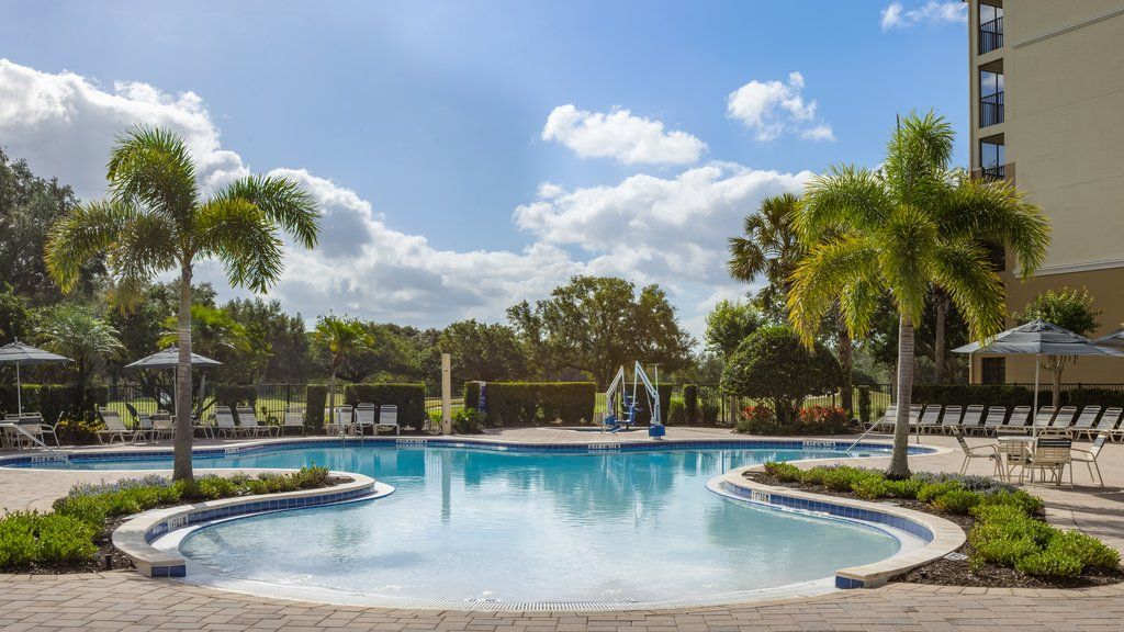 image Bask in the sun by the serene pool, framed by swaying palms and tranquil waters.