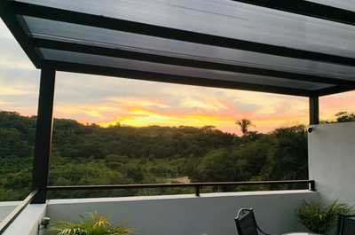 Sunset jungle views on the shared rooftop patio.