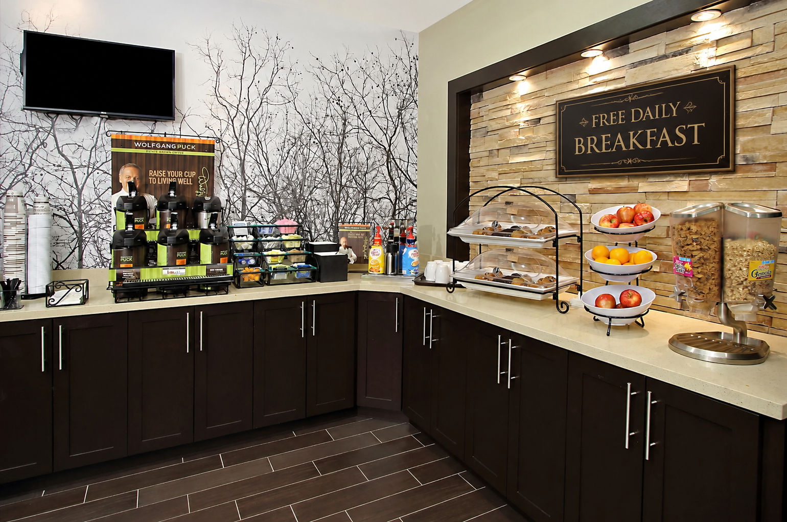 image Start your day with fresh fruits, warm pastries, and coffee from the sleek breakfast bar, fueling your adventures ahead
