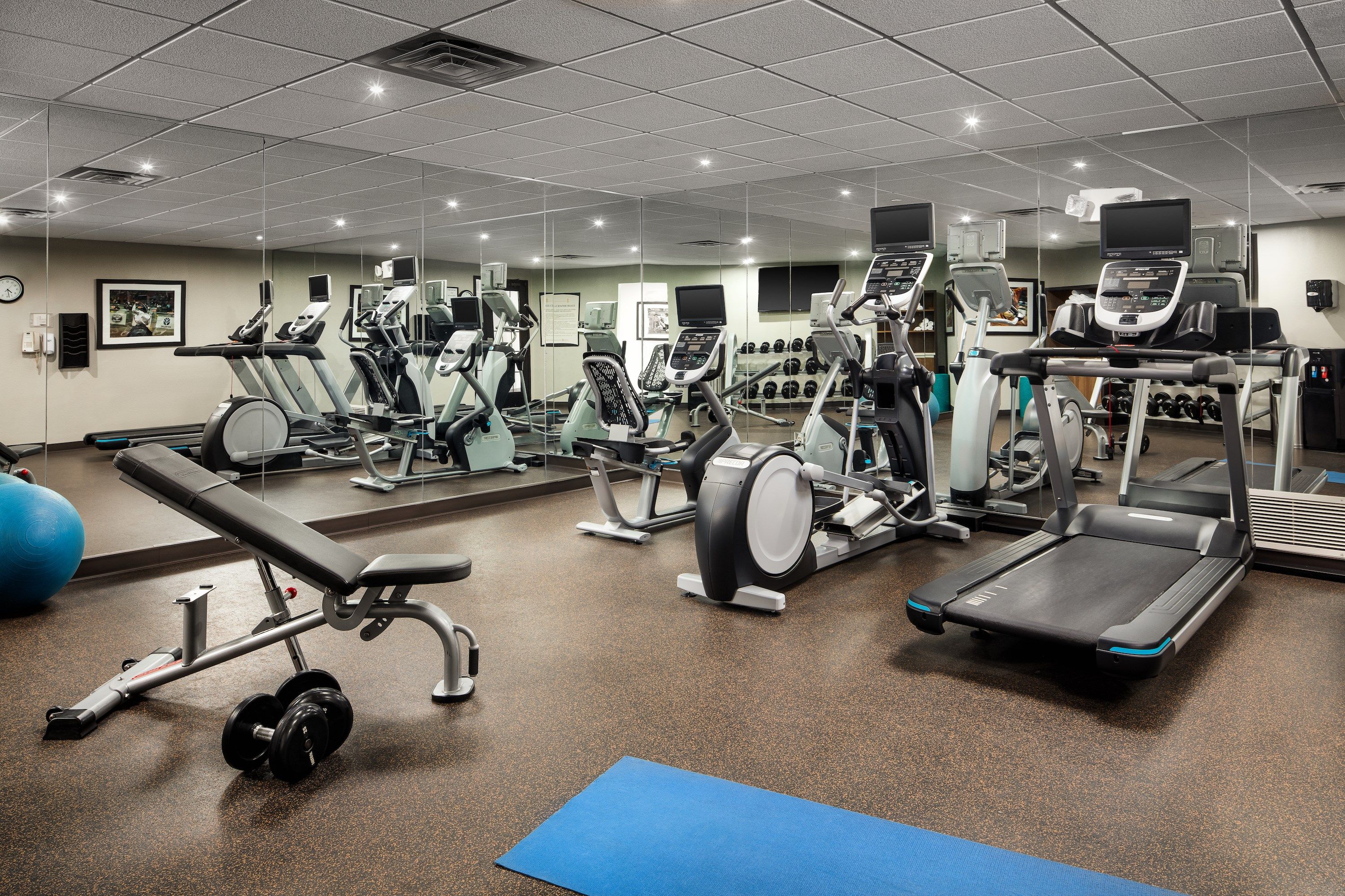 image Fitness center equipped with various exercise machines and weights.