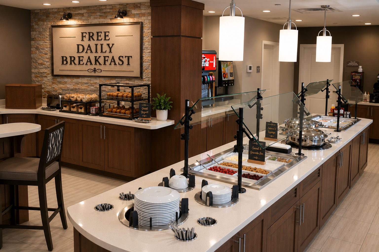 image Complimentary breakfast area with seating and food options.
