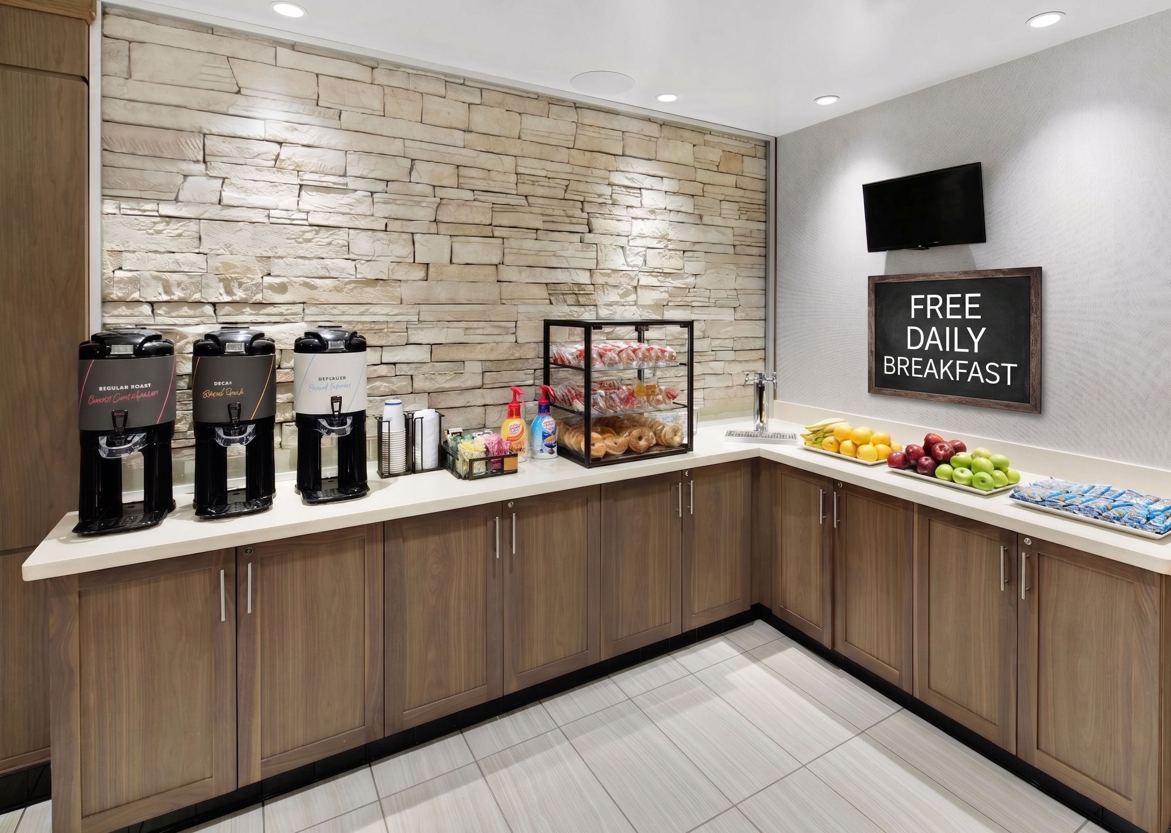 image Complimentary breakfast area with fresh hot and cold selections.