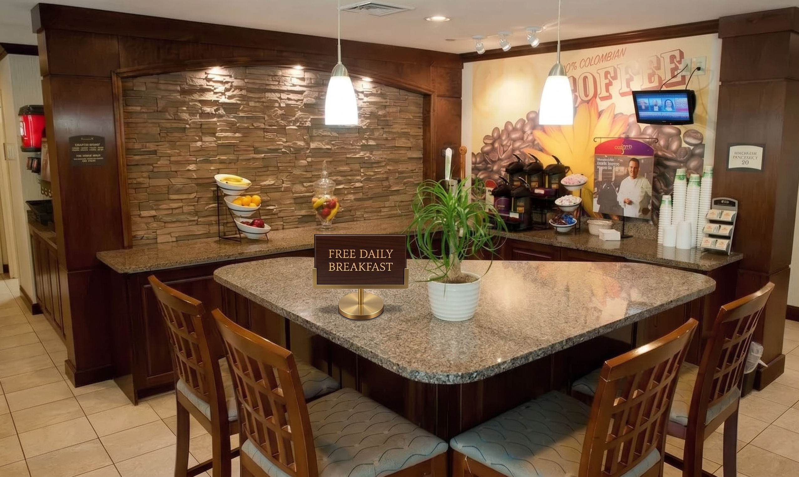 image Start your morning with a fresh cup from our coffee bar, and free breakfast surrounded by cozy seating and friendly vibes.